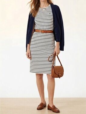 Tommy Hilfiger White & Blue Stripped Crewneck Jersey Dress Short Sleeve Midi
